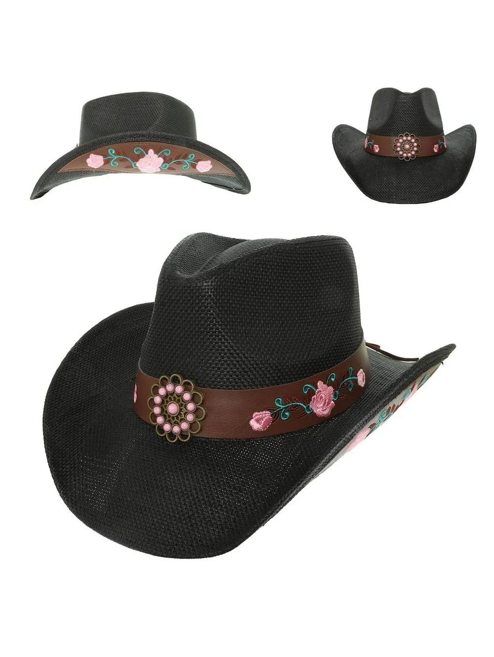 Western Straw Woven Cowboy Hat with Pink Floral - Picture 3 of 6
